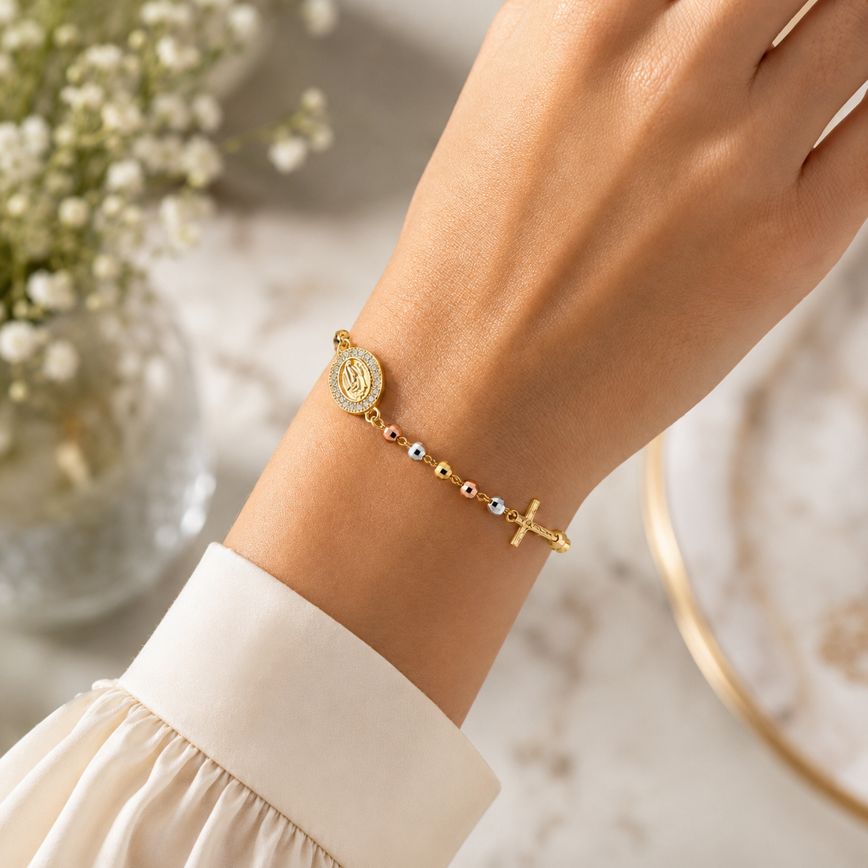 Pulsera Rosario • Acabado Tricolor Premium